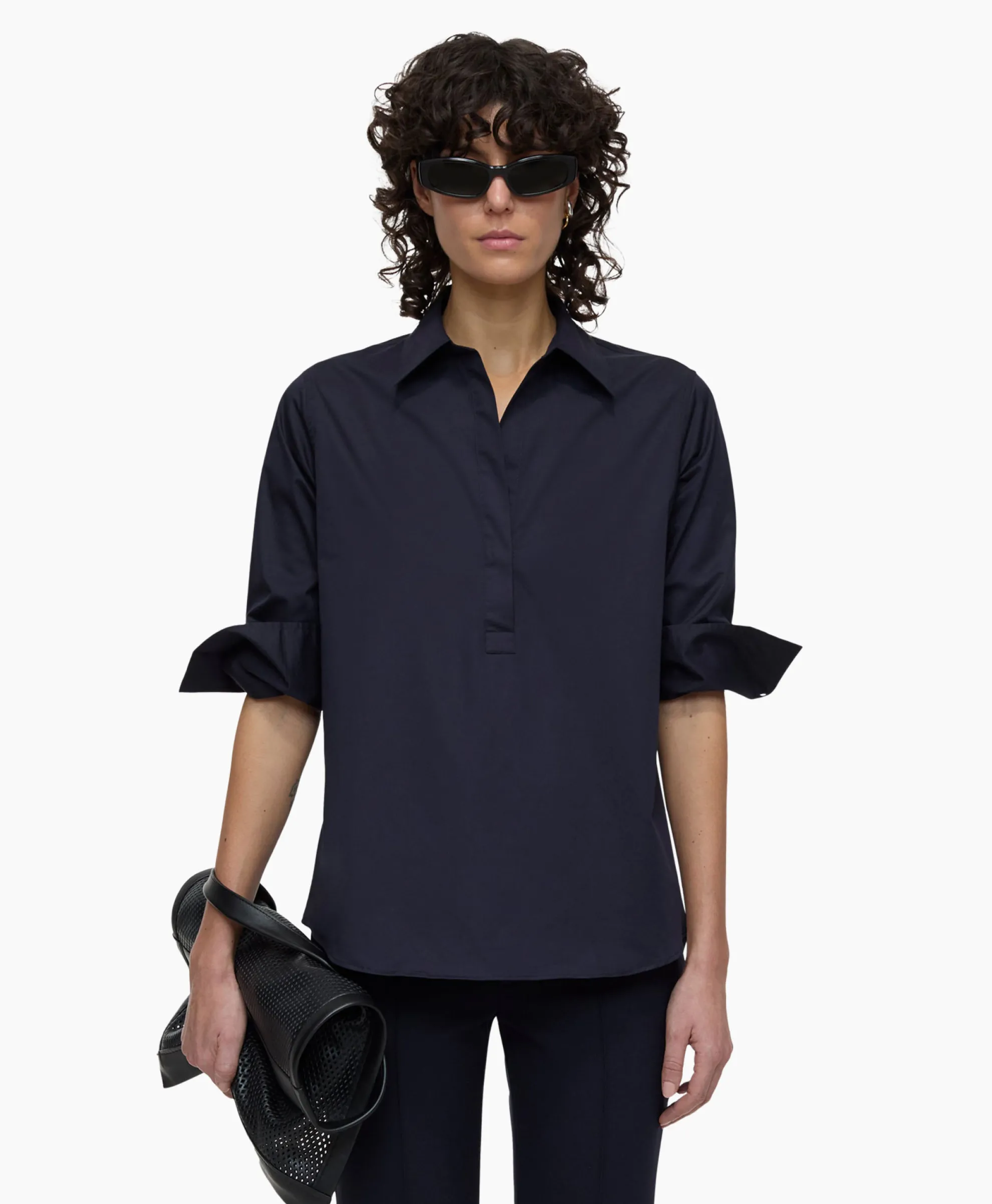 Closed Blouse Open Neck Tunic Donker Blauw