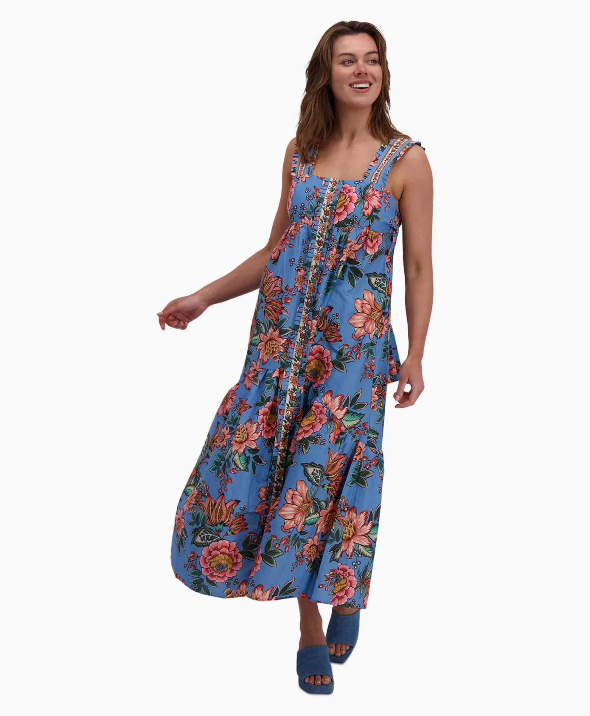 Farm Rio Maxi Jurk Wonderful Bouquet Blue Sleeveless Blauw