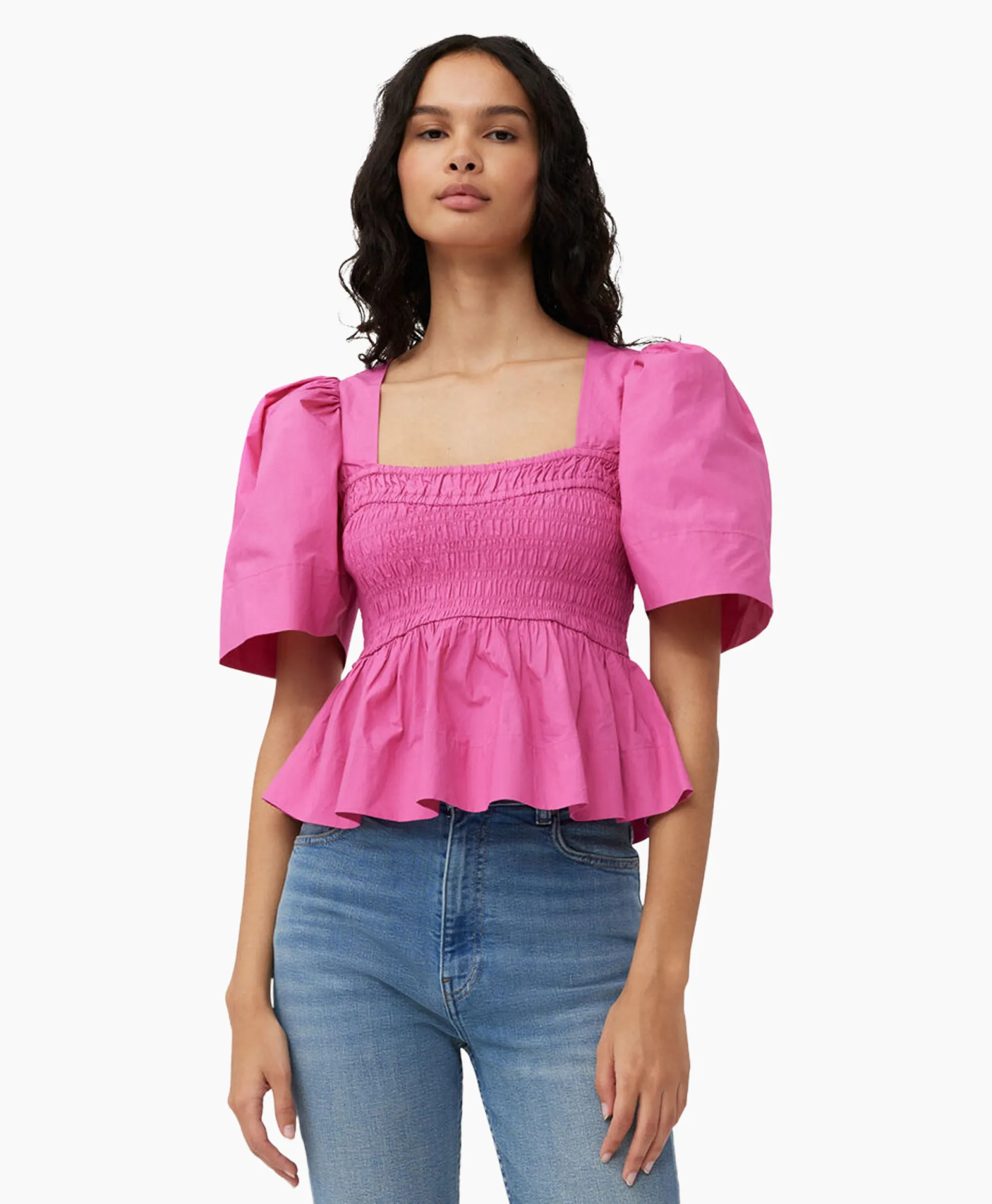 Ganni Blouse Cotton Poplin Open-Neck Smock Pink