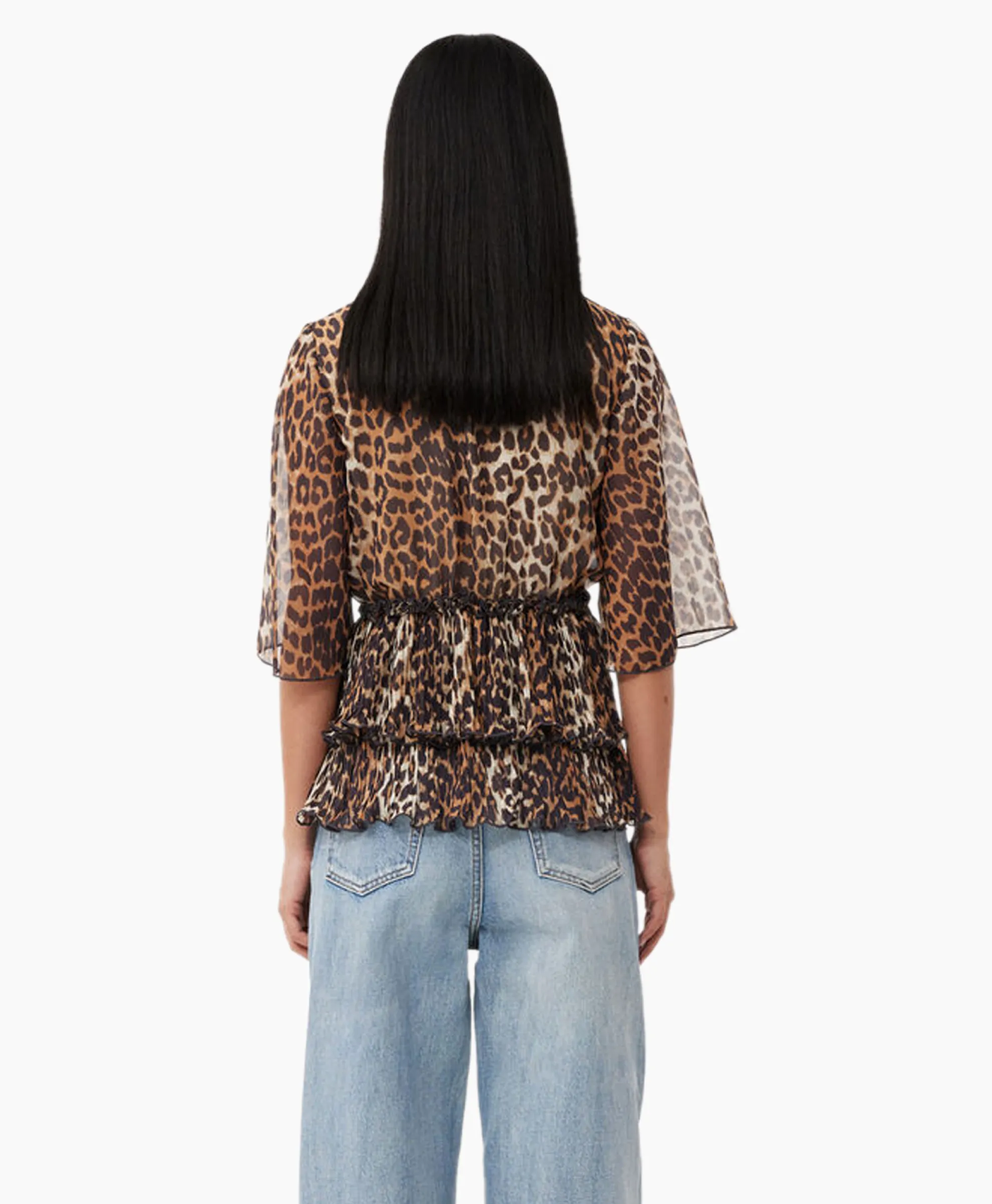 Ganni Blouse Pleated Georgette V-Neck Flounce Bruin