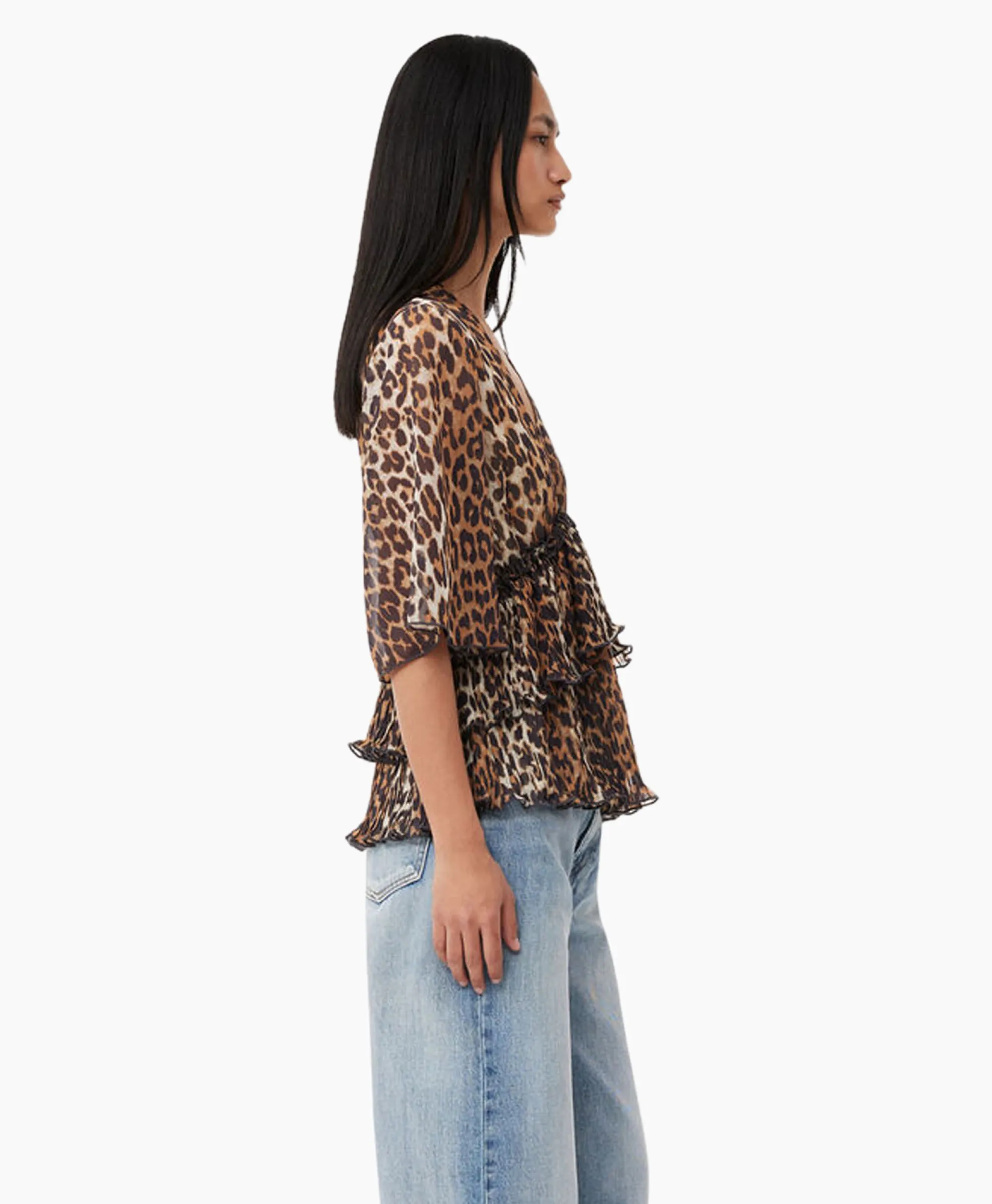 Ganni Blouse Pleated Georgette V-Neck Flounce Bruin