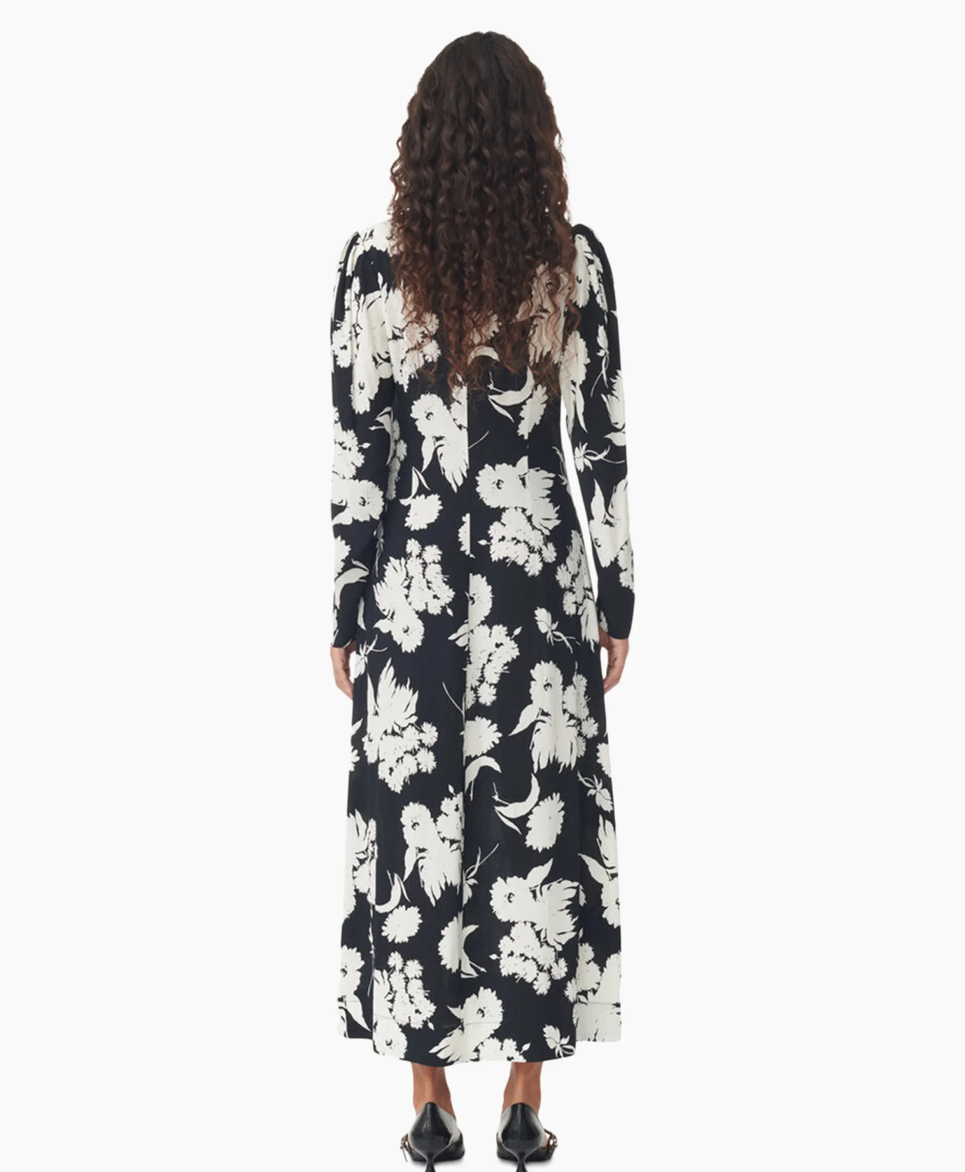Ganni Maxi Jurk Printed Crepe V-Neck Zwart