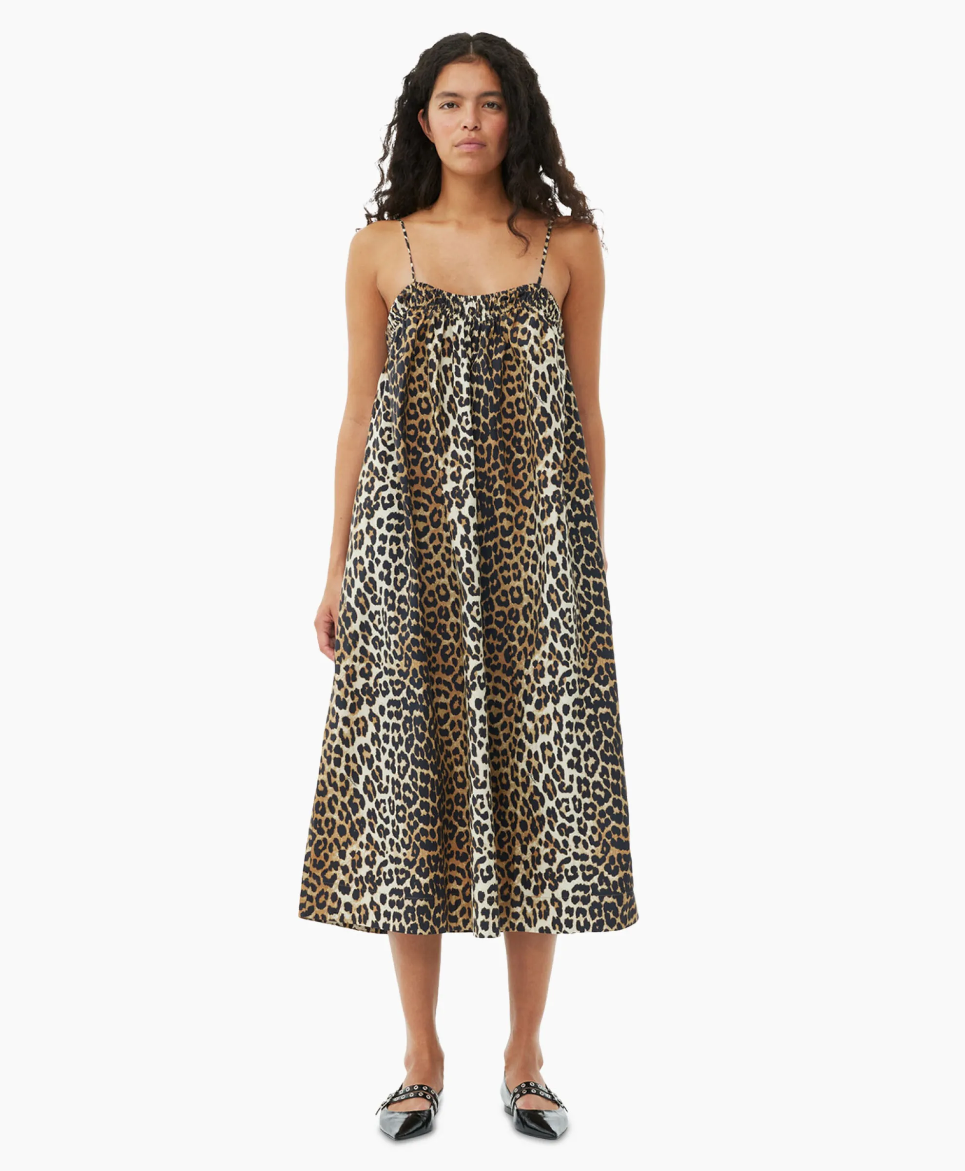 Ganni Midi Jurk Printed Cotton Strap Bruin