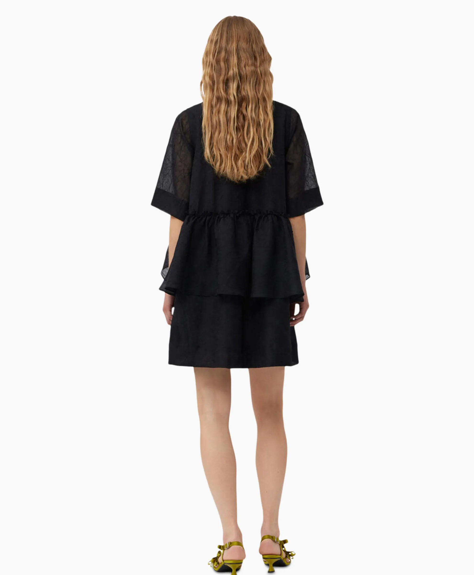 Ganni Mini Jurk Crinkled Georgette Flounce Zwart