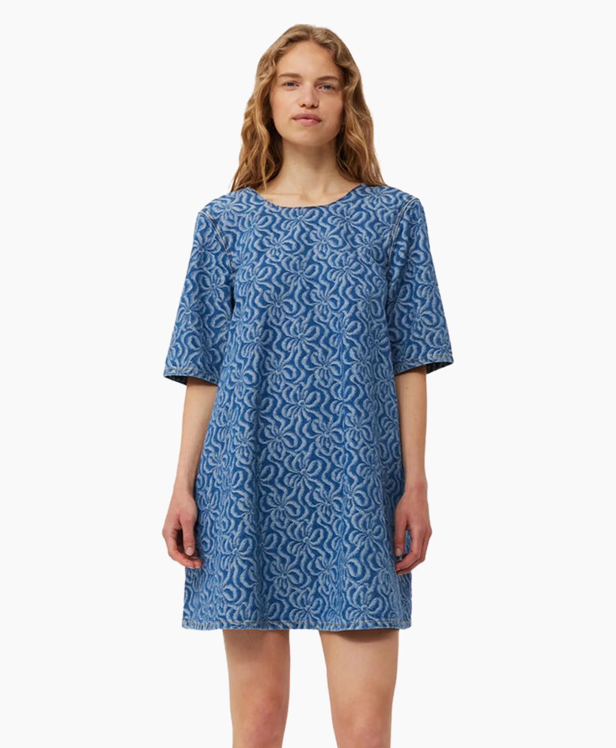 Ganni Mini Jurk Jacquard Denim A-Line Midden Blauw