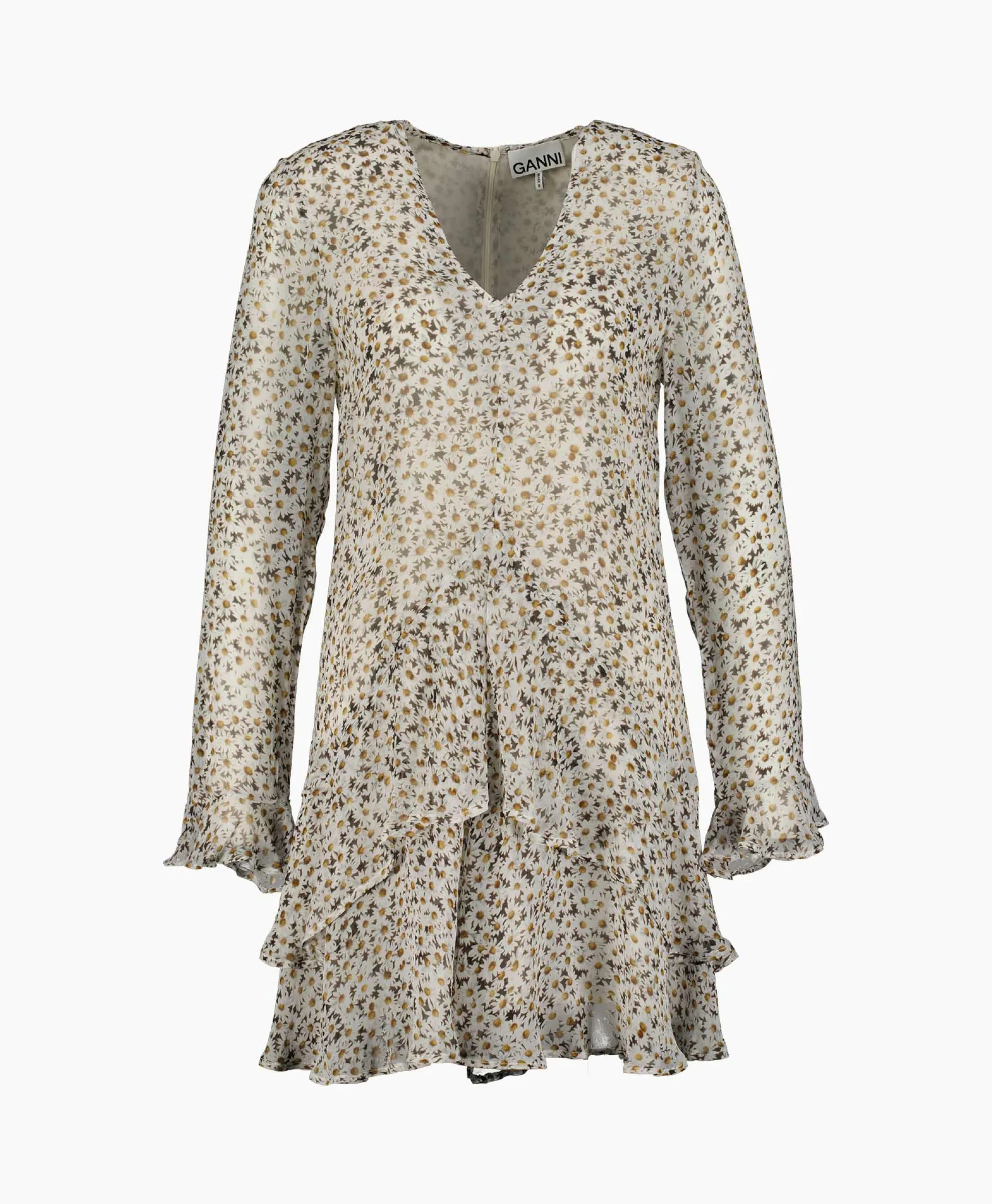 Ganni Mini Jurk Printed Light Georgette Dress Ecru