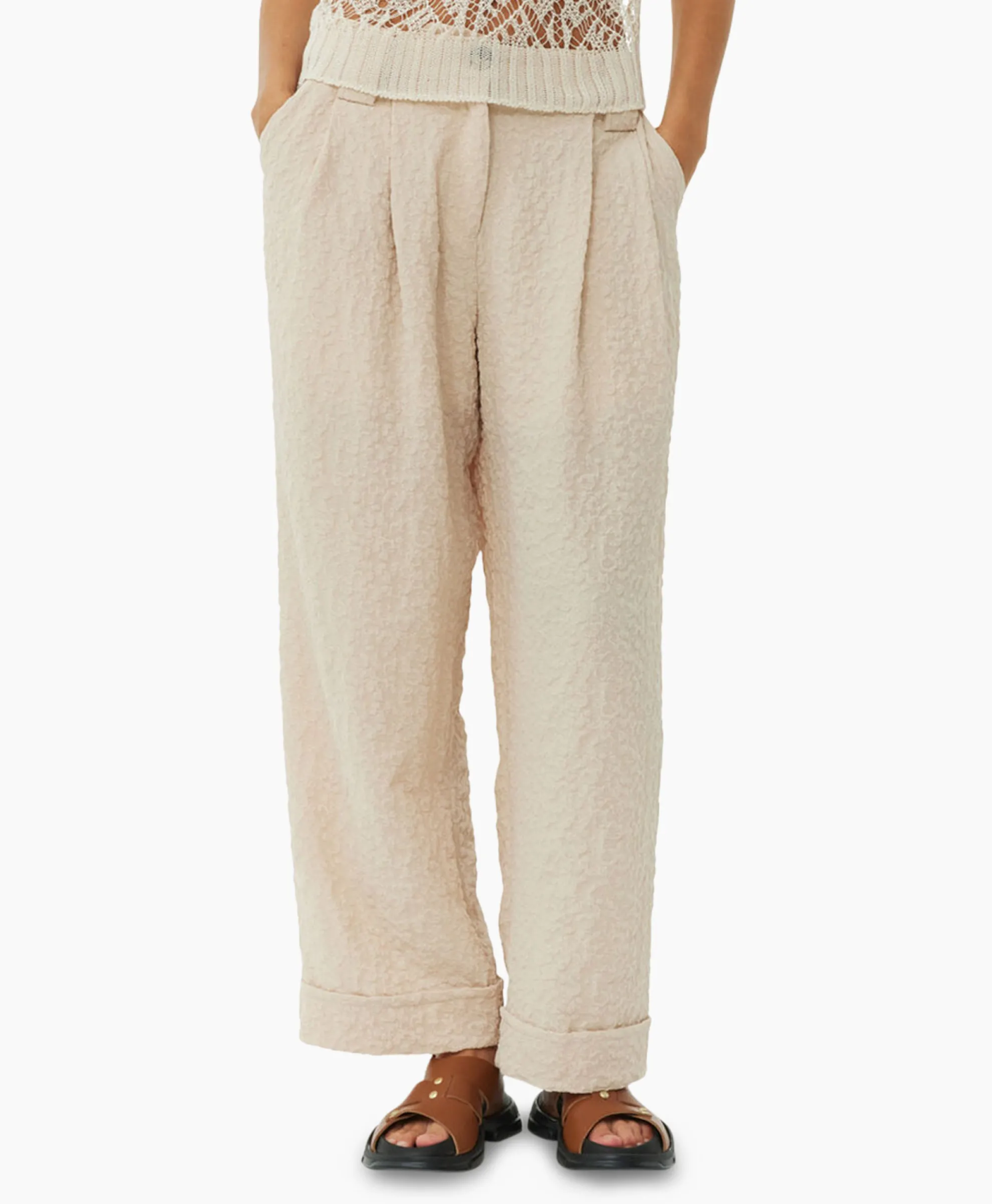 Ganni Pantalon Textured Suiting Mid Waist Beige