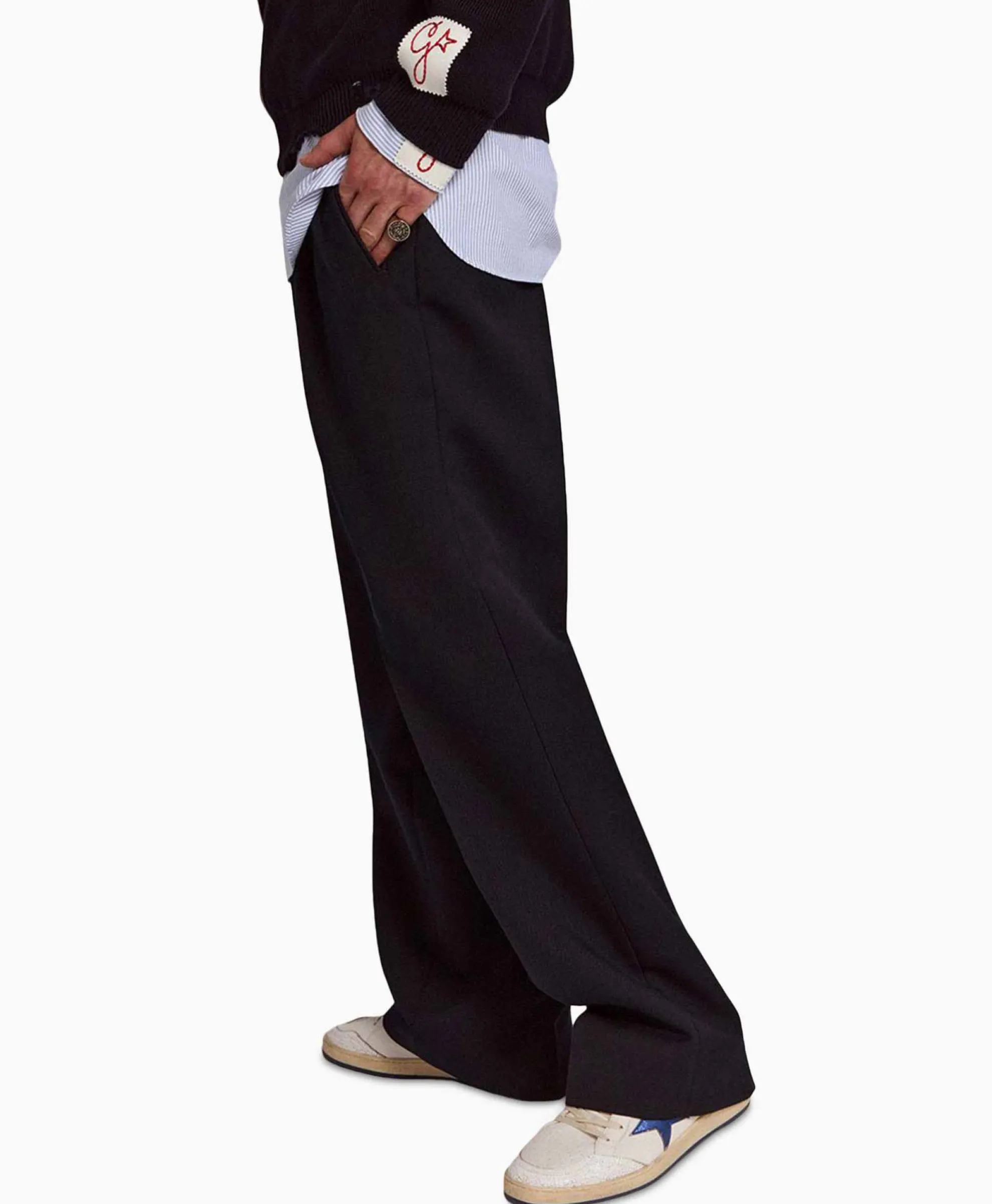 Golden Goose Broek Golden M Wide Legs Compact Gabardine Wool Donker Blauw