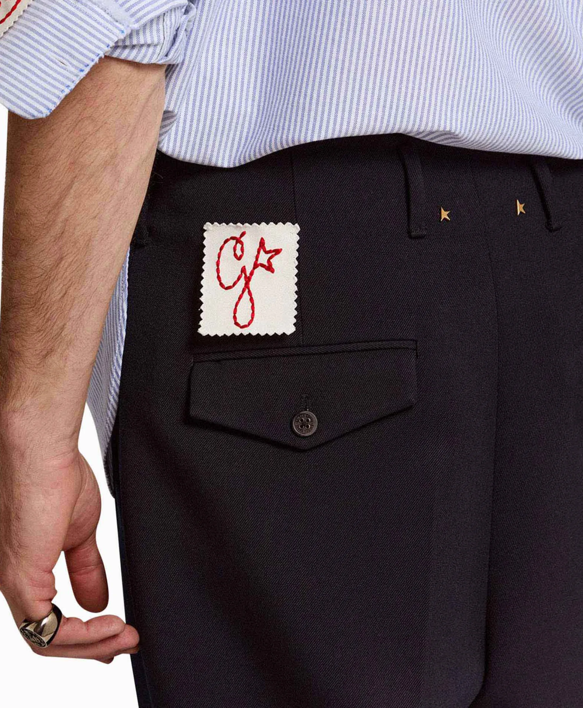 Golden Goose Broek Golden M Wide Legs Compact Gabardine Wool Donker Blauw