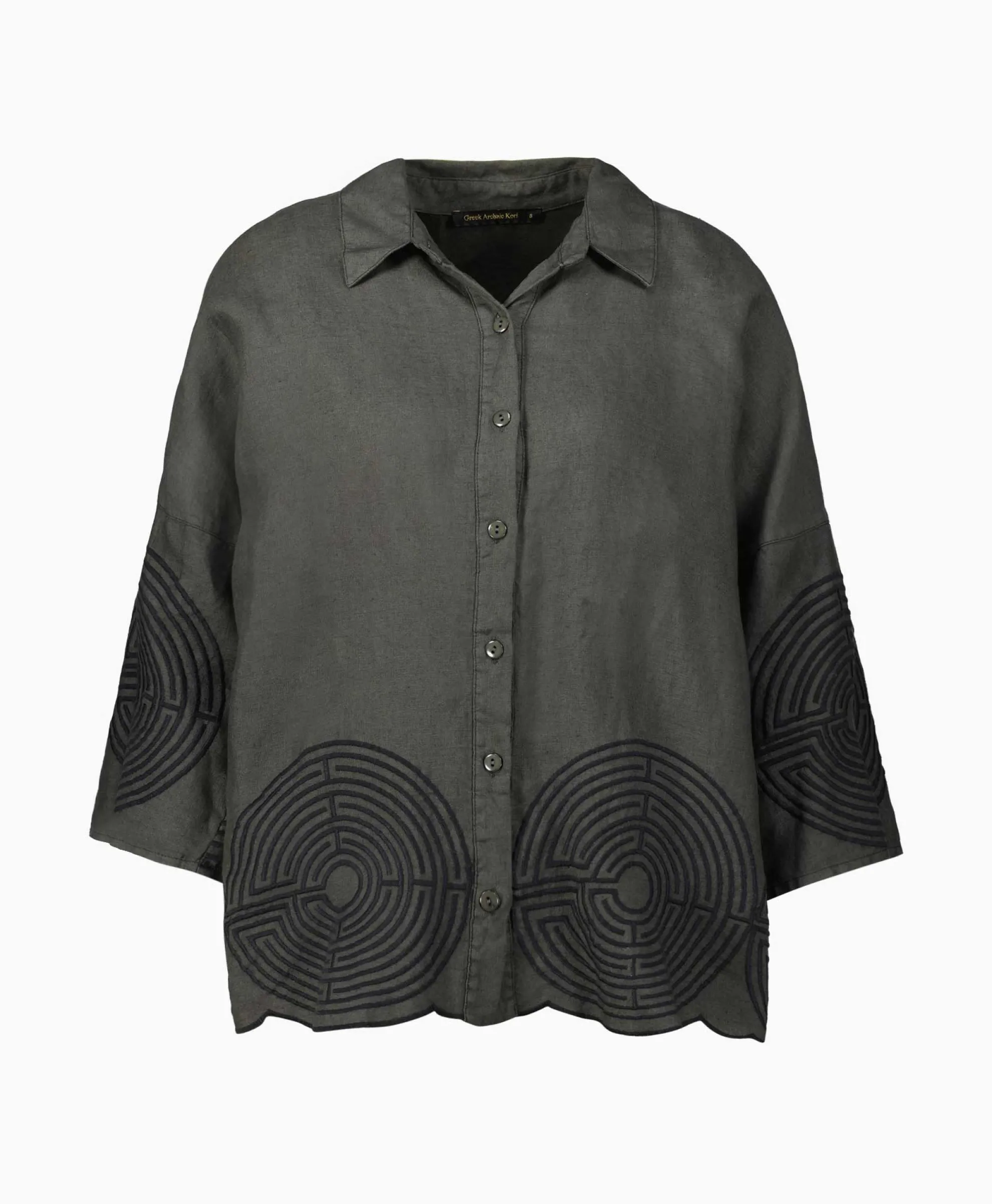 Greek Archaic Kori Top Labyrinth Pleates Buttons Khaki